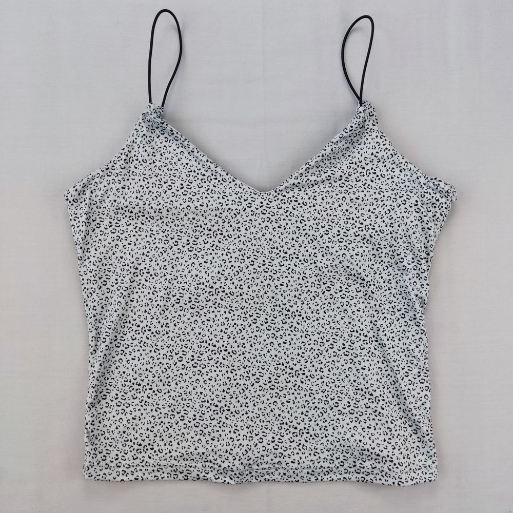 Gaze Cami Top Women Medium White Black Leopard Print V-Neck Spaghetti Strap Cowl